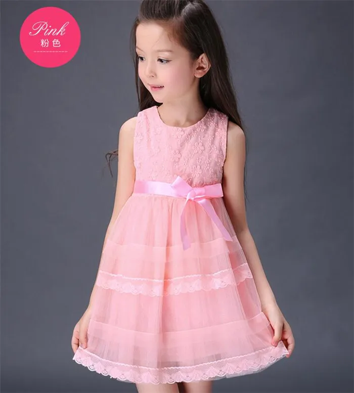 Primary School Girls Students Above Knee O-Neck Dress,Medium-Big Children Sleeveless Sweet Princess Dress+Bow Belt,For 3-15 ages