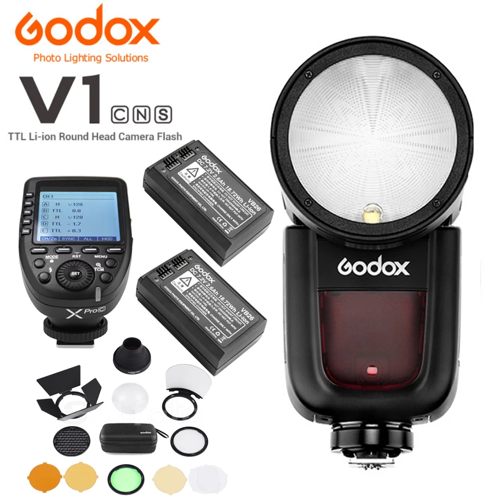 

Godox V1 +2x 2600mAh Battery TTL Round Head Flash Xpro X2 Trigger AK-R1 HSS Speedlite for Canon Nikon Sony Fuji Olympus Pentax