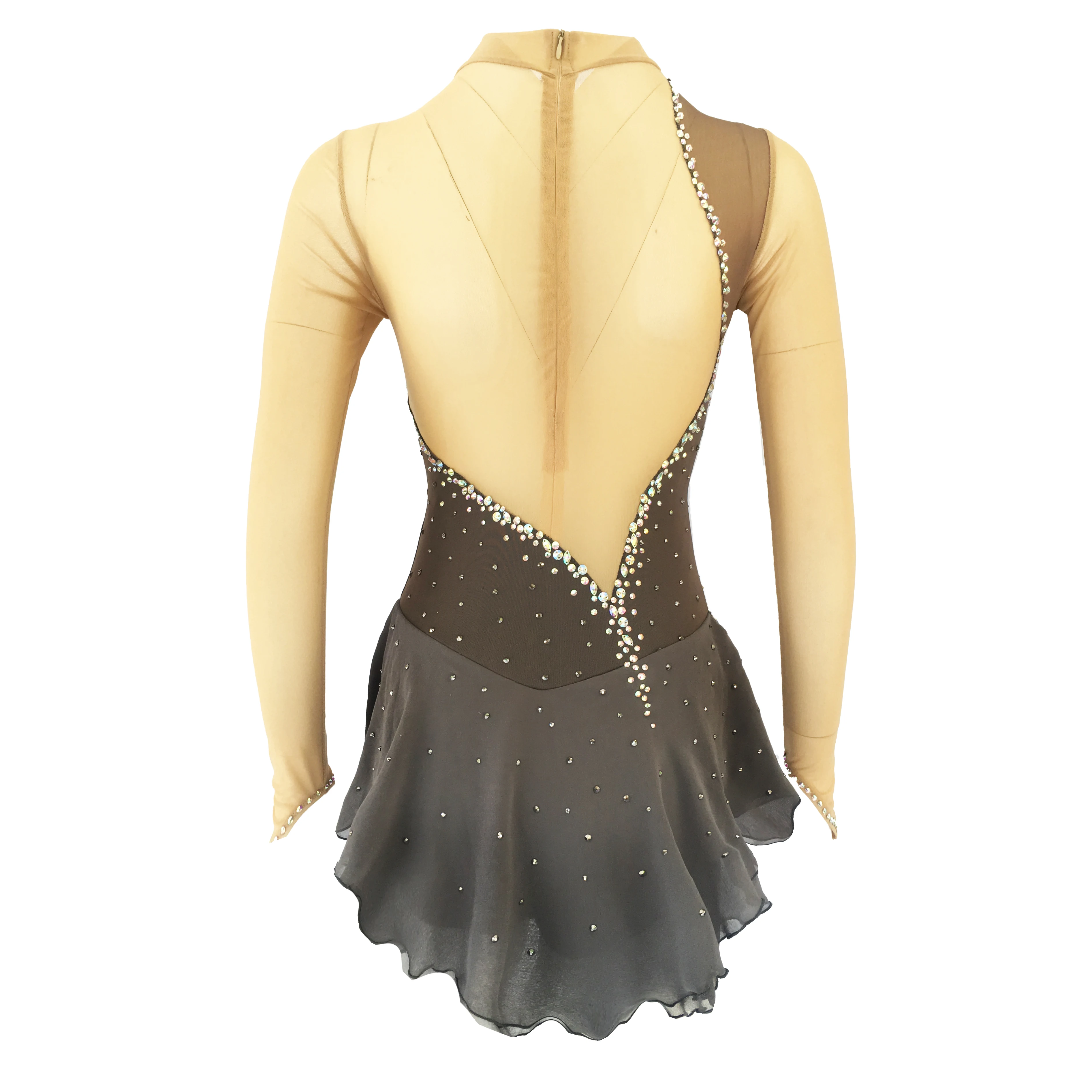 Gray Figure Skating Dress,Long-Sleeved Ice Skating Skirt,Fingerpoint Sleeves Spandex Competition Dresses Half Collar Mesh Skirt