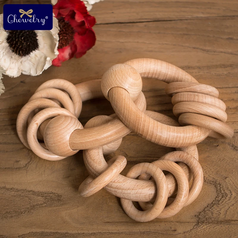 

80mm Wooden Baby Rattle Toys Beech Wood Round Hand Montessori Toy Teether Wooden Ring Play Gym Baby Chew Stroller Must-have Toys