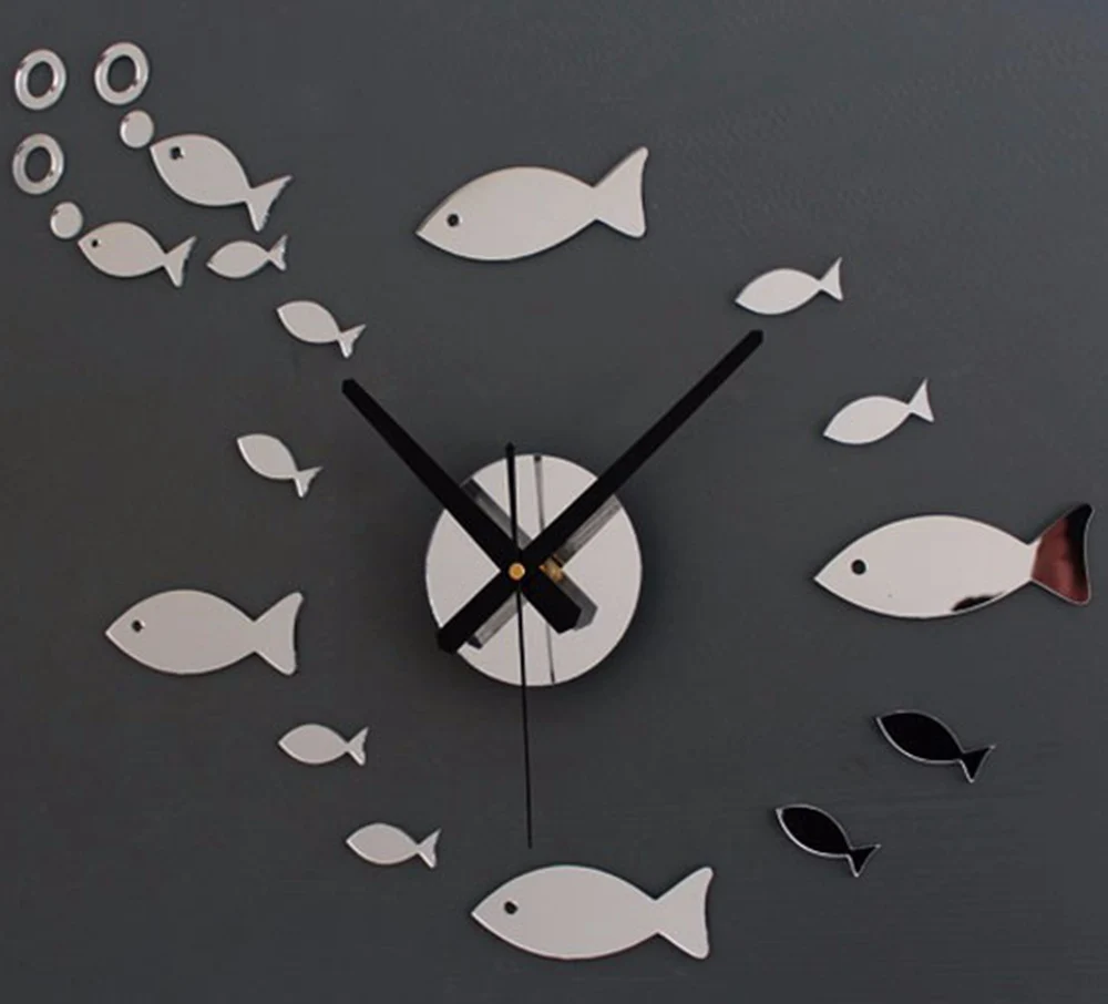 ساعة حائط فنية حديثة إبداعية تصنعها بنفسك ، شكل سمكة صغيرة ، ملصق جدارية مرآة ، زجاج شبكي من الأكريليك ، نقل المنزل ، هدية ديكور المنزل