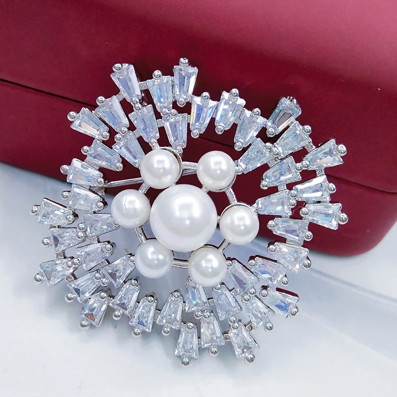 

Imitation Pearl Flower Brooch Wedding Accessories Crystal Trapezoid Joyeria Large Brooches Lady Snowflake Floral Bridal Brooch