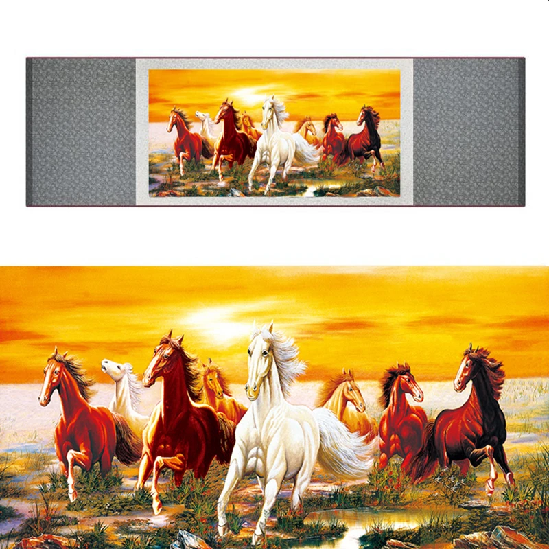 top quality Chinese Horse silk painting  Horse art painting Silk scroll art painting eight horse painting19062707