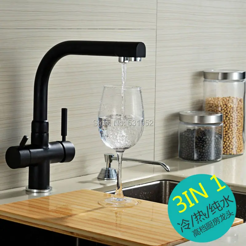 

Brand New Solid Brass Black Bronze Kitchen Faucet Double Spout Drinking Water Filter Kitchen Faucet Tri-flow 3 in 1 Kitchen Tap