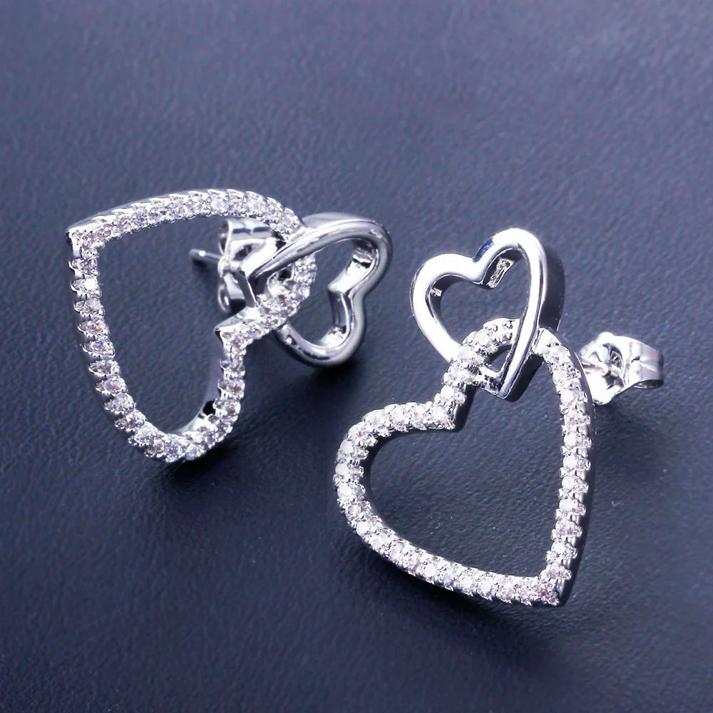 Dreamcarnival1989 Women Stud Earings Cute Hollow Linked Hearts Rhodium-Color Clear White Blinking CZ Paved Boucles d\'oreilles