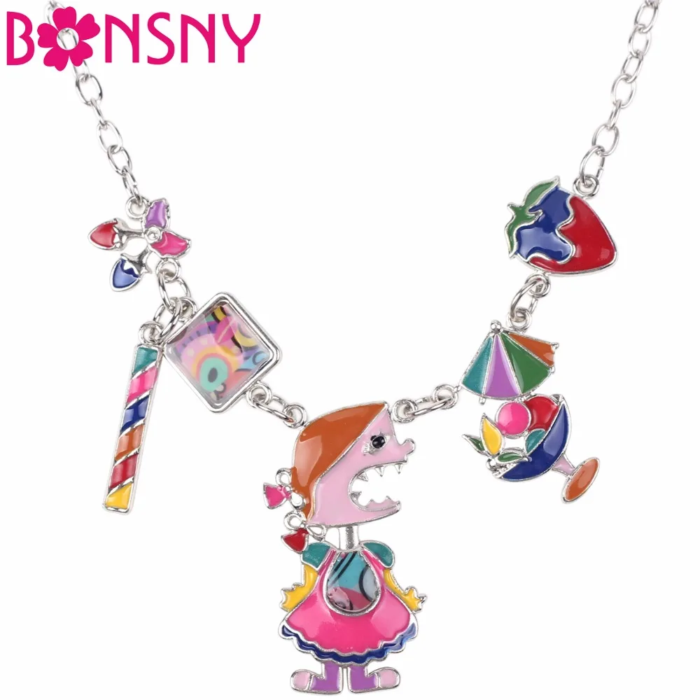 Bonsny Enamel Girl Starwberry Ice Cream Necklace Pendants Statement Choker Chain Collar 2017 New Fashion Jewelry Women Bijoux