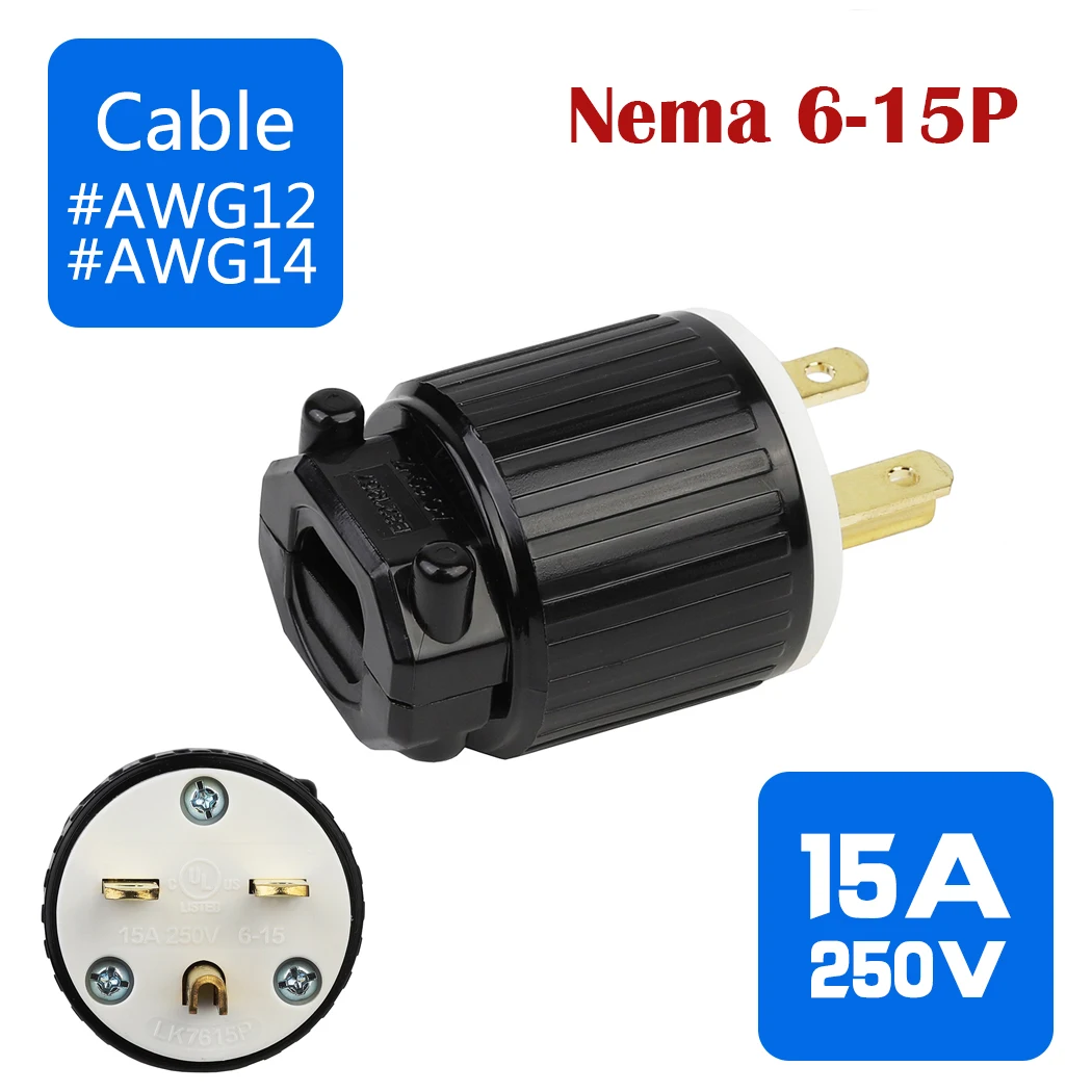 JORINDO NEMA 6-15P Male plug,15A 250V,NEMA 6-15P American Standard Industrial Plug,NEMA 6-15P US Standard 3 pin self-wiring plug