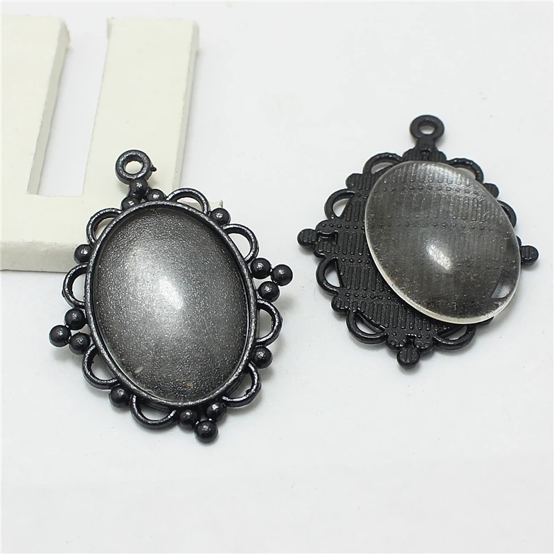 

10 set black Metal Alloy Cameo Flower 29*39mm(Fit 18*25mm dia) Oval Pendant Cabochon Settings + Clear Glass Cabochons 8B1287