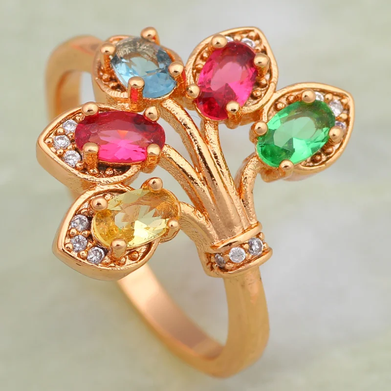 New 2021 Multi Gem Stone Rings For Women Fashion Jewellery Yellow Gold Party Ring Size 6 7 8 9 R576