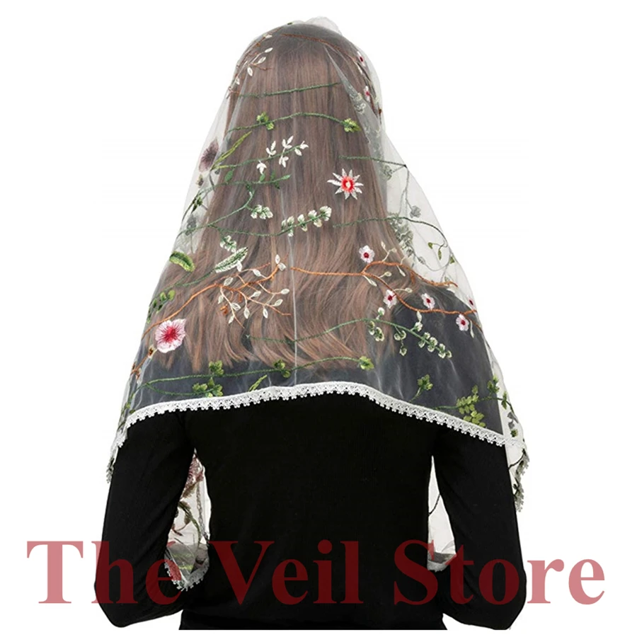 Mantilla Chapel Veils for Church Women Scarf HeadCover Latin Mass Vintage Velo Mantilla de Novia Mantille Embroided Floral Lace
