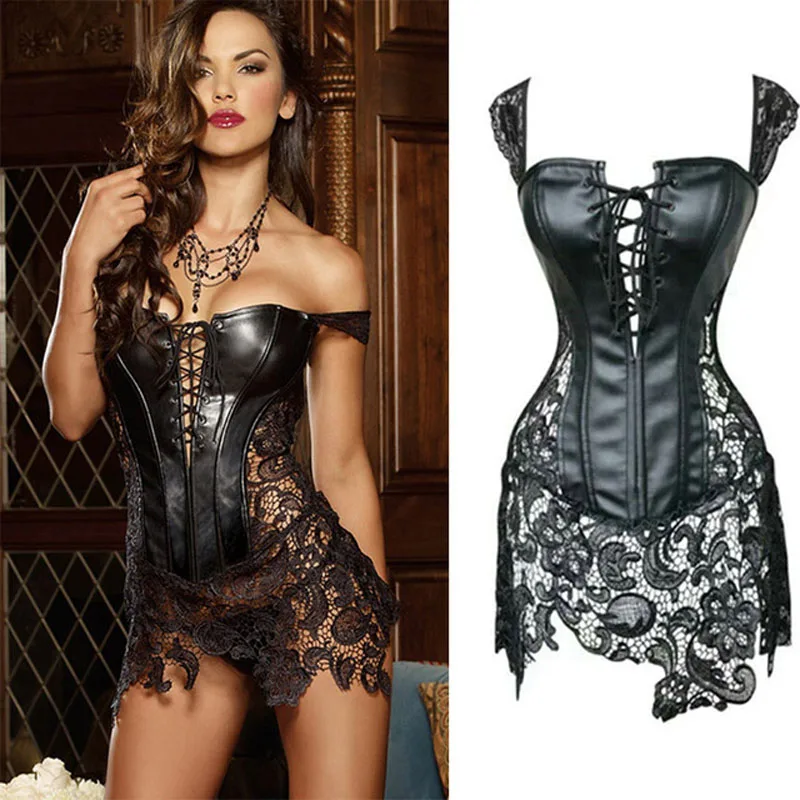 

Women PU Sexy Club Jumpsuits Black Lace Corset,B Eyonce Style Bodysuit Faux Leather Hollow Out Sexy Lingerie Corset Straitjacket