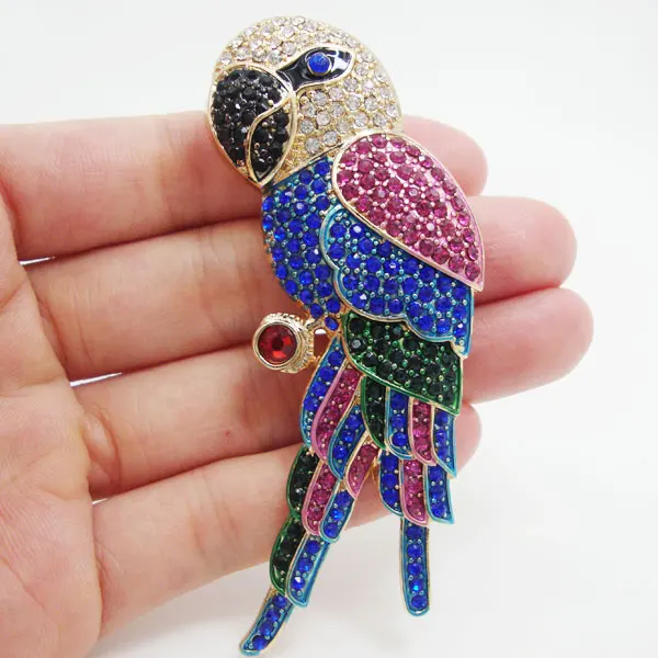 Beautiful Parrot Bird Brooch Pin Multi-color Rhinestone Crystal Gold-Tone