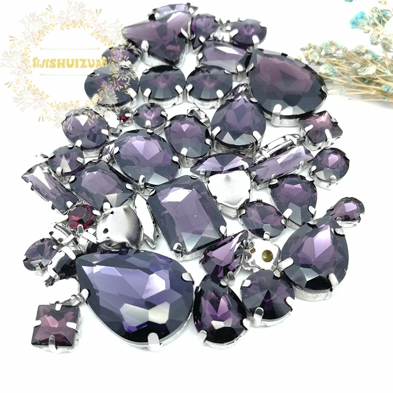 58pcs 10shapes 25sizes Mix Deep Purple shape and sizes Glass Crystal rhinestones silvery bottom DIY Clothing accessories