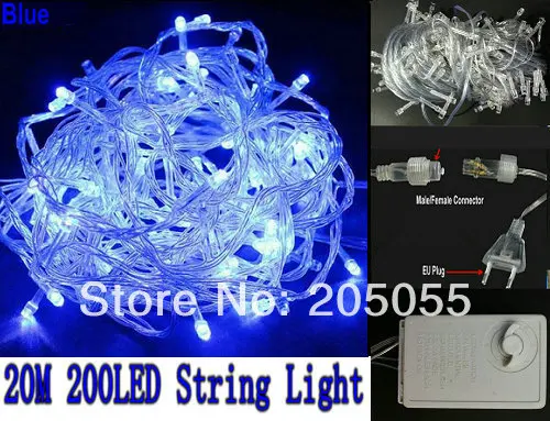 20M 200LED Christmas Fairy String Light adjustable memory function controller w/linkable Female&male connector tree decor-BLUE