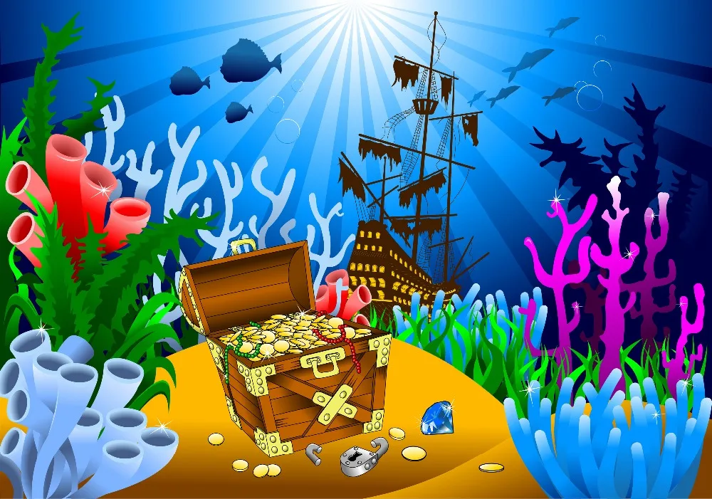 7x5FT Under Sea Coral Pirate Ship Finding  Treasures Gold Coins Custom Photo Studio Backdrop Background Vinyl 220cm x 150cm