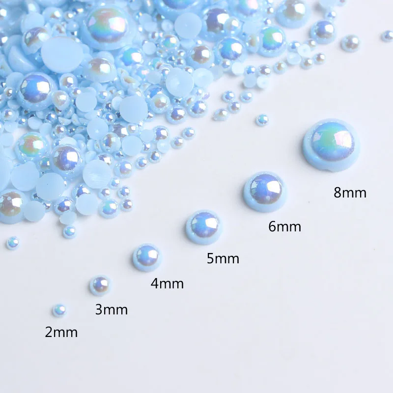 ABS Half Round Flatback Pearls lt Blue AB Color Mix Size 2mm/3mm/4mm/5mm/6mm/8mm 15g Beads Diy Accessories Free shipping