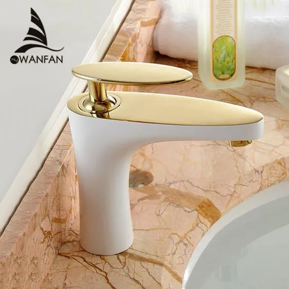 Imagem -02 - Elegante Brass Single Handle Bacia Faucet Pia do Banheiro Lavatório Misturador Quente e Frio Torneira de Água Golden White Yls82211wk