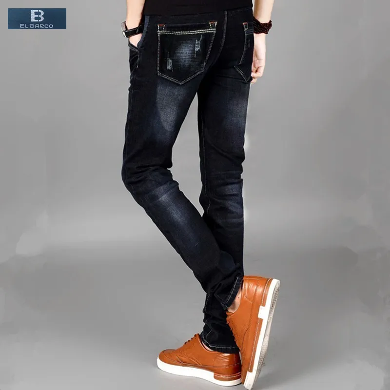 [EL BARCO] Hot Cotton Denim Men Jeans Scratched Soft Breathable Solid Black Male Slim Jeans Pants Casual Long Straight Trousers