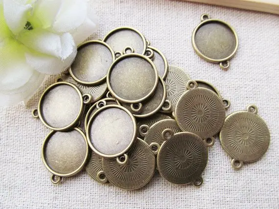 

200pcs Antique Silver/Antique bronze Base Setting Tray Bezel Connector Pendant Charm,fit 16mm Round Cabochon/Cameo,Two Loops