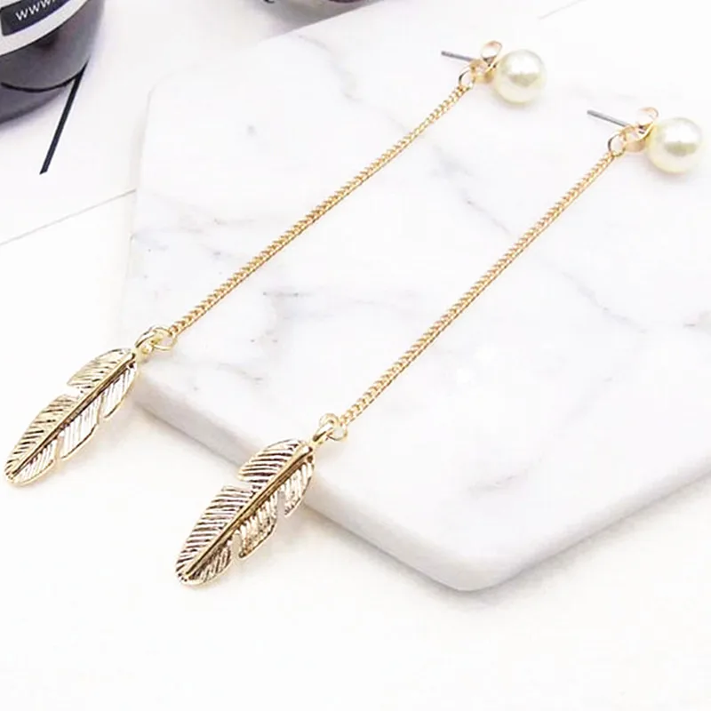 Simulated Pearls Long Tassel Dangle Earrings For Women Leaf Feather Drop Brincos Bijoux boucle d\'oreille  Jewelry Earring