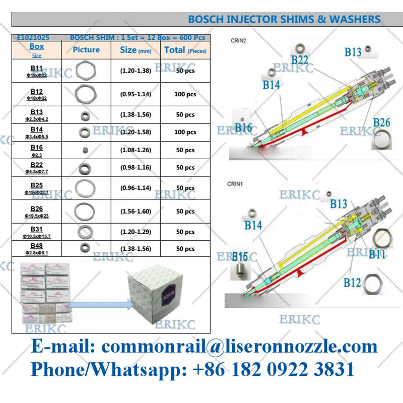 ERIKC Injector Adjust Shims 1000PCS B11 B12 B13 B14 B16 B22 B25 B26 B31 B48 B21 B23 B24 B27 Diesel Gasket Kit Washer For Bosch