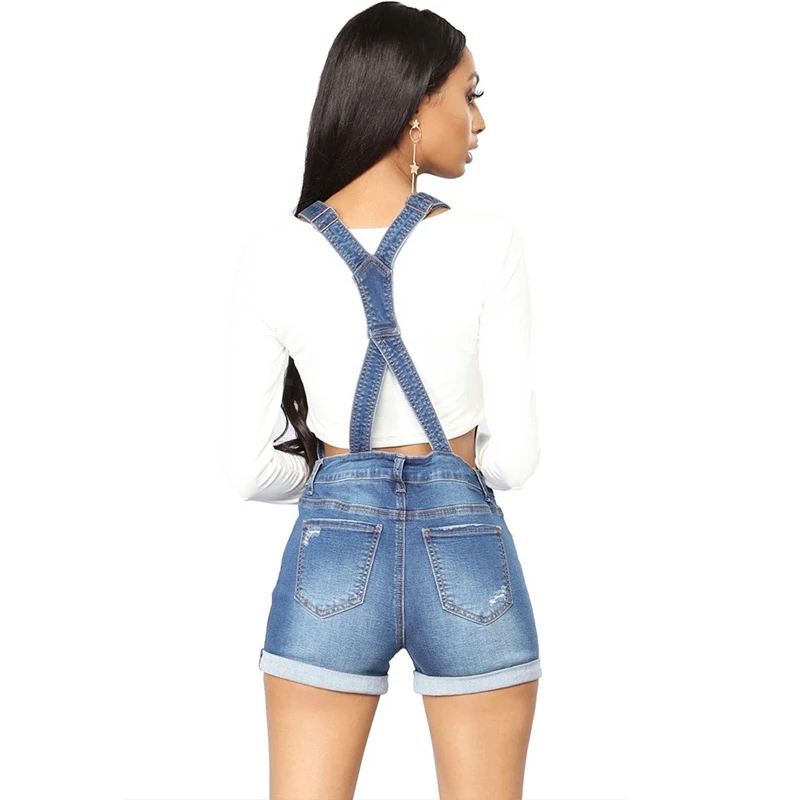 Short Denim Overalls Women Hole  Jumpsuit High Waist Casual Jeans Playsuit Washed Salopette Straps 2019 Summer  Romper