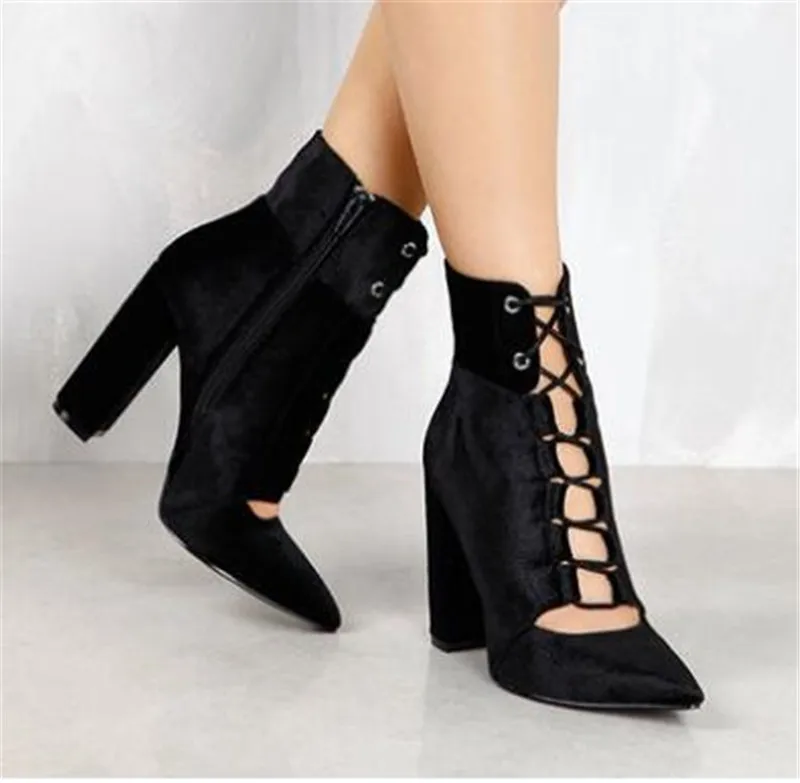 Hot Selling Women Fashion Pointed Toe Black Velvet Chunky Heel Short Boots Cut-out High Heel Thick Heel Ankle Booties
