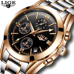 Relogio Masculion LIGE Men Watches Top Luxury Brand Military Sport Watch Mens Quartz Clock Full Steel Casual Business Gold Watch