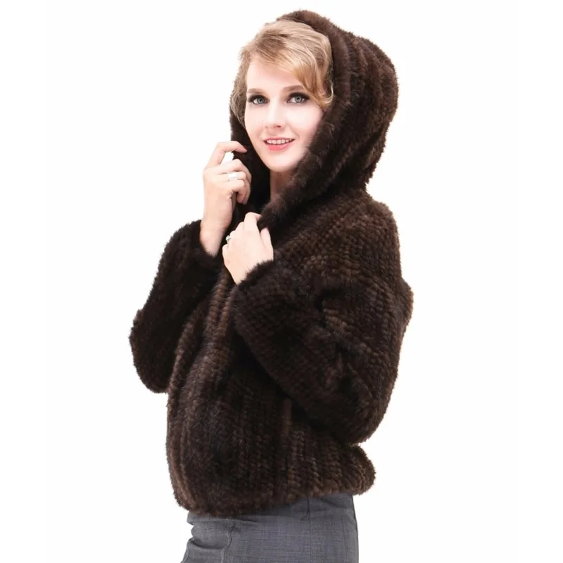 

Autumn Ladies' Genuine Knitted Mink Fur Coat Jacket with Hoody Winter Women Outerwear Plus Size 4XL 5XL LF5077