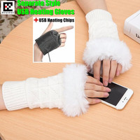 Winter Warm Girl Students Homework Separate Style USB Heating Gloves,Women Hand Back Heated Faux Fur Knitted Fingerless Gloves