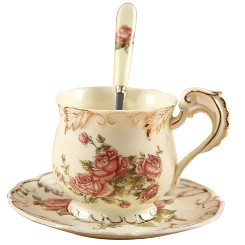 European Style Tea Set Ceramic Rose Coffee Cup Suit British Style High-Grade Ivory China Coffee Cup And Saucer with Spoon