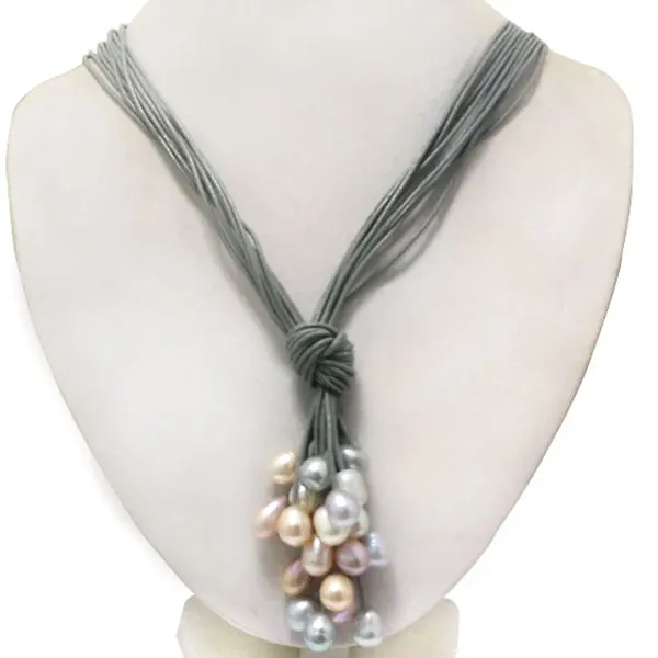 36 inches 10 rows Gray Leather Multicolor Oval Pearl Leather Cord Women Handmade Necklace