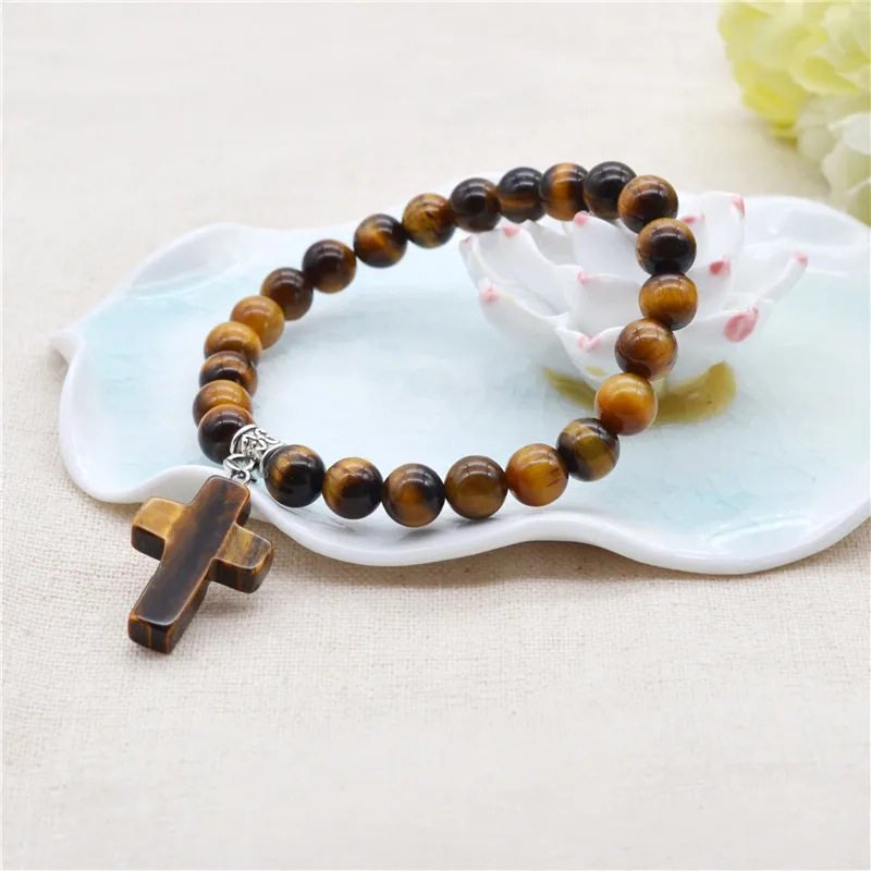 2017 nova moda natural pedra grânulo pulseiras 8mm frisado cruz charme & pulseiras pulsera para mulheres e homens jóias lol