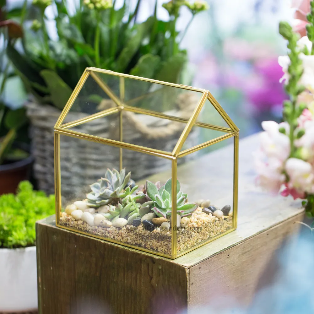 

Copper House Shape Moss Fern Glass Box Flower Pots Wardian Case Victorian Vintage Planters Succulents Geometric Terrarium Vase