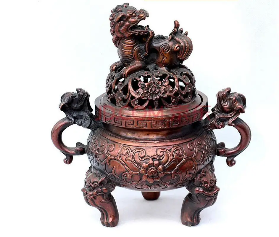 

Chinese Temple Copper Brass Coin Dragon Beast Lion Head Incense Burner Censer