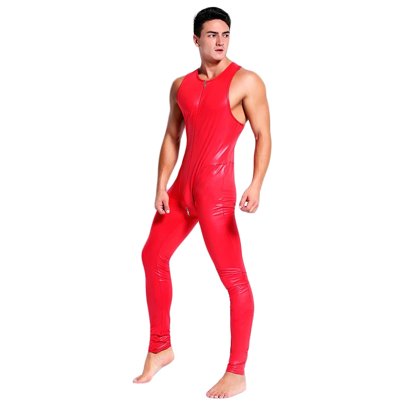 Faux Leather Sleeveless Wet Look Catsuit for Men Stretch Slim Zentai Jumpsuit Bodysuit Leotard Male Sexy Lingerie 2XL Black Red