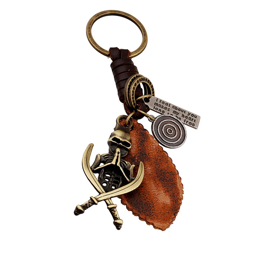 Charm Copper Alloy Genuine Leather Skull Vintage Bag Keychains Men Car Key Chain Ring Holder Women Accessories Gift FY039