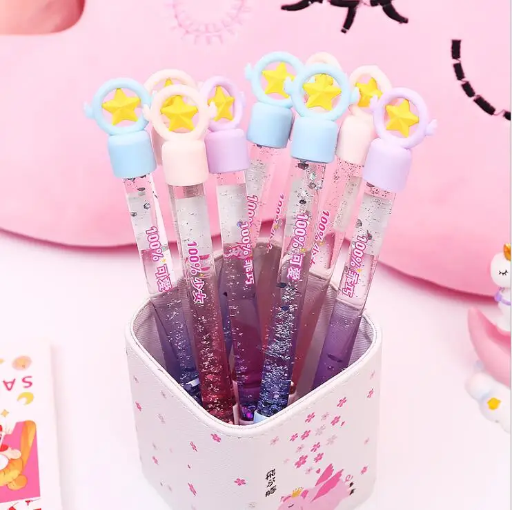 24pcs/lot Novelty Stars Shine Quicksands School Gel Ink Writing Pens Office Study Materials Kids Birthday Party Favor Stationery