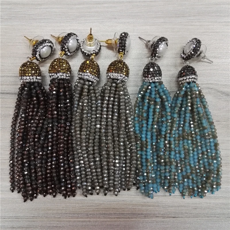 Charms Jewelry Grey Blue White Brown Glass Beads Tassel Natural Pearl Stud 12rows Tassel Long Drop Dangle Earrings For Women