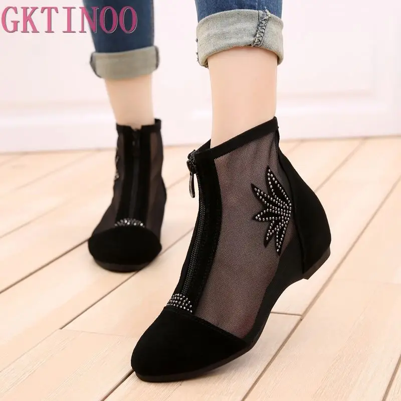 GKTINOO 2024 Fashion Cow Suede Summer Ankle Boots for Women Flat Heel Boots Mesh Cut Out Booties Casual Shoes Big Size 34-43