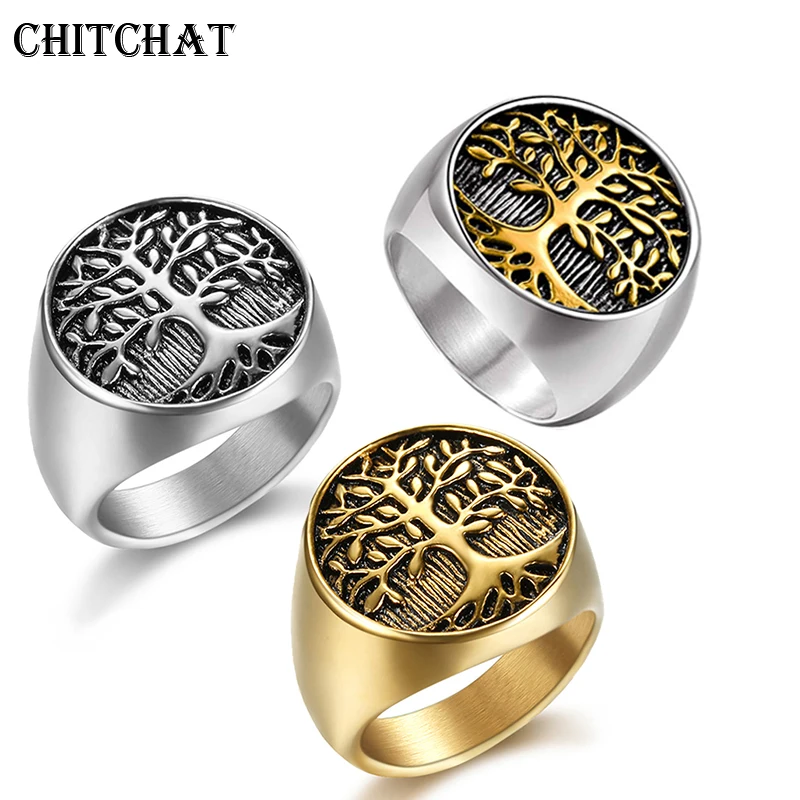 Punk Stainless Steel Titanium Tree Of Life Ring Gold Color Life Tree Rings For Men Ring Jewelry Bague Homme