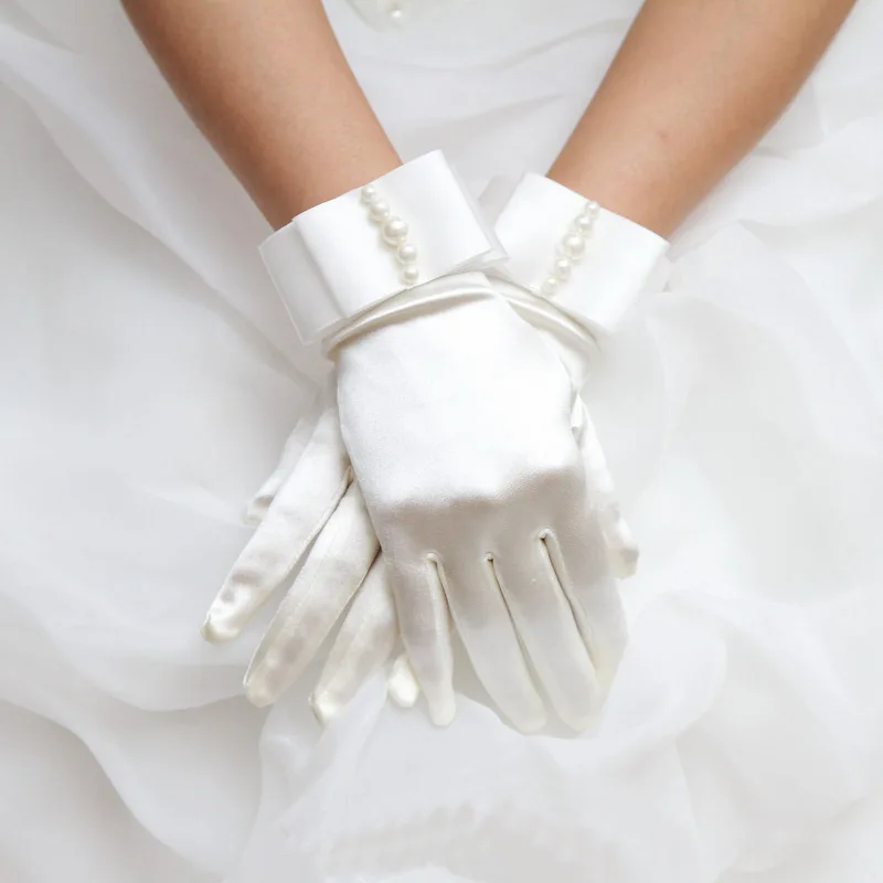 JaneVini Fashion White Gloves Elegant Bow Pearls Satin Full Finger Wrist Length Gloves Women Wedding Party Evening Accessories