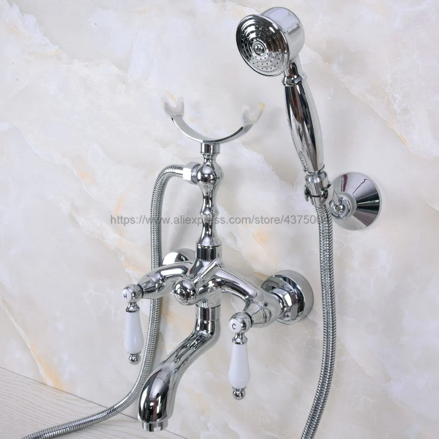 

Polished Chrome Bath Shower Faucet Set Dual Knobs Wall Mounted Bathtub Mixers with Handshower Swive Tub Spout Nna247