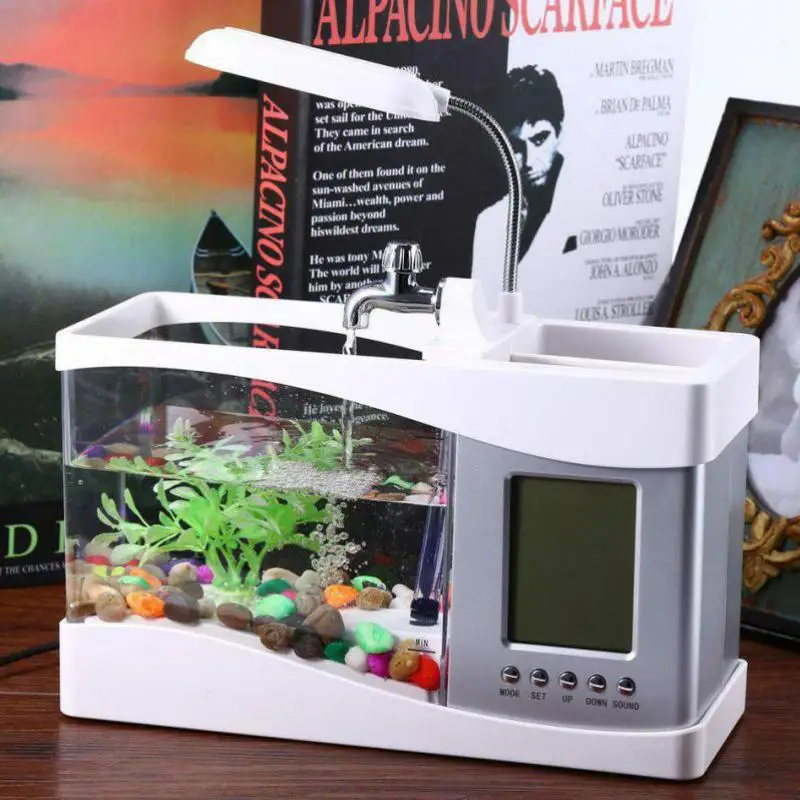 

Desktop Mini Fish Tank Aquarium LCD Timer Alarm Clock LED Lamp Light Recirculation Temperature Calendar