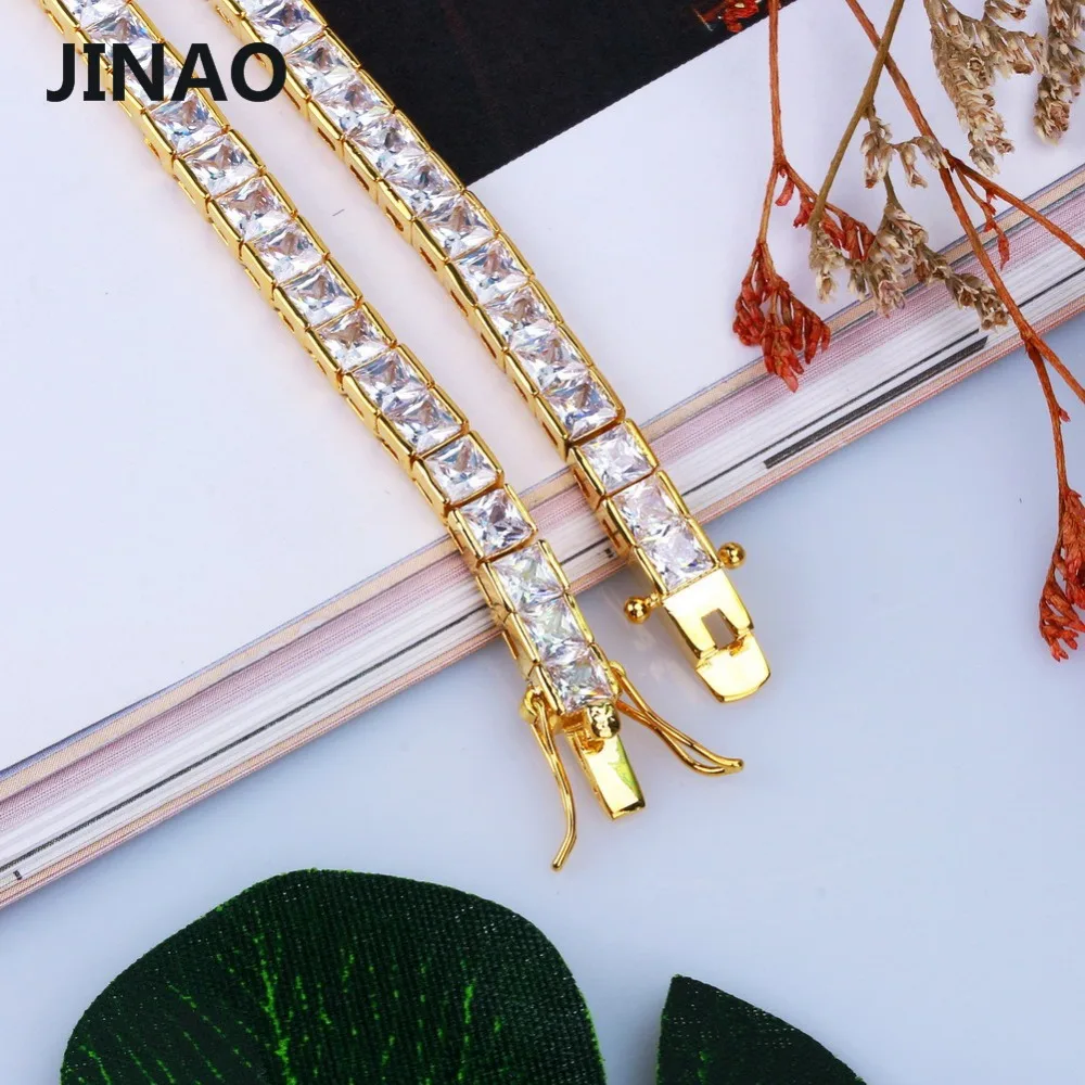 JINAO 1 Row 6mm Hip Hop Bracelet Gold Color Plated Micro Pave AAA Cubic Zirconia Iced Out Bling Box Chain Bracelet Men\'s Gift