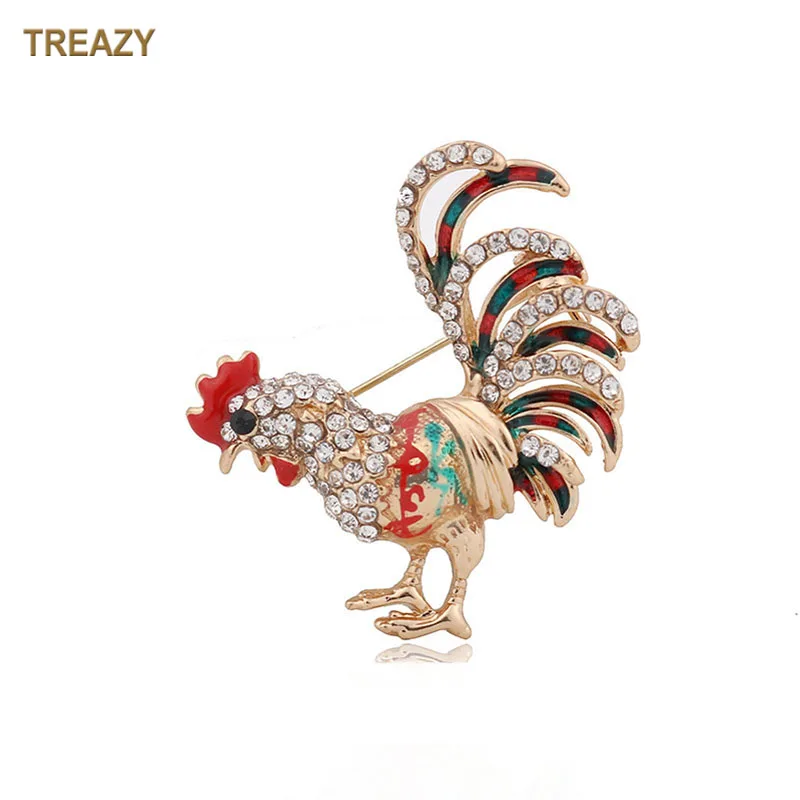 Fashion Gold Color Cock Brooches Enamel Crystal Rooster Animal Brooch Pin Christmas Birthday Party Accessories
