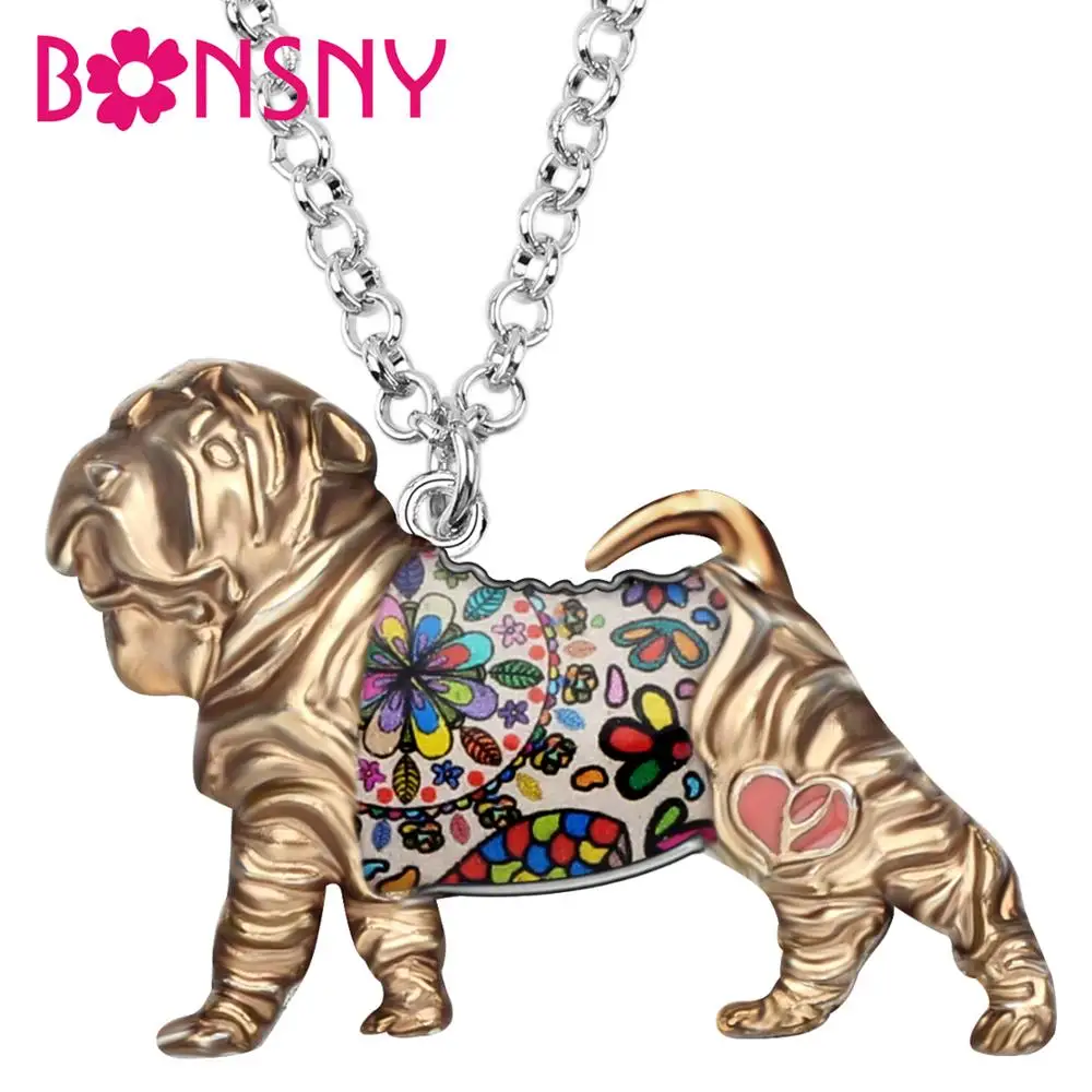 Bonsny Statement Enamel Alloy Chinese Shar Pei Dog Necklace Pendant Fashion Animal Jewelry For Women Girls Pet Lovers Gift Charm