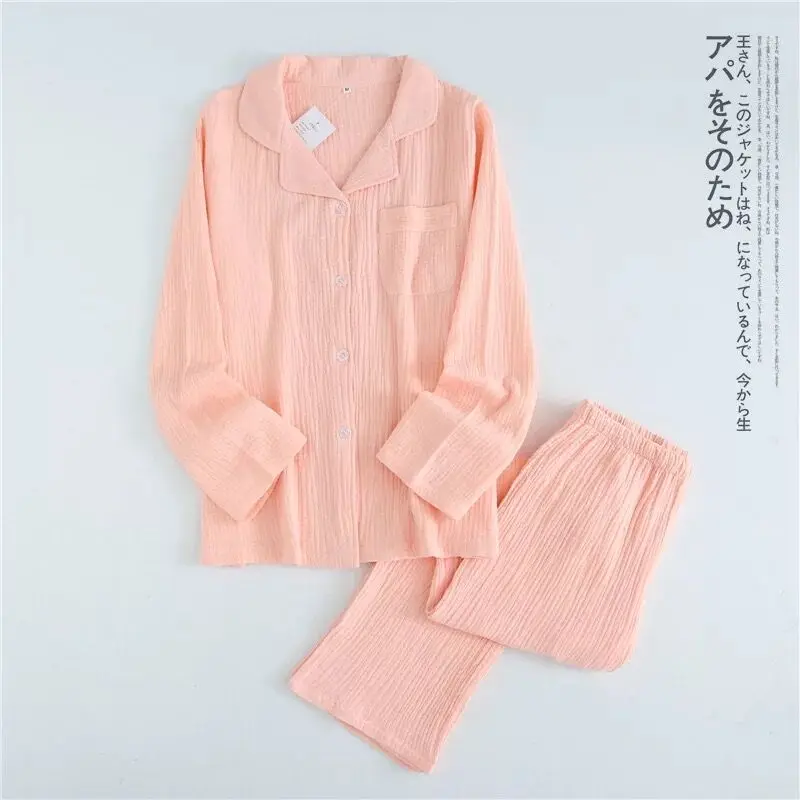 Solid Breathable Lovers 100% Cotton Crepe Pajamas Sets Women Men Autumn Long Sleeve Fresh Soft Pijama Mujer Casual Pyjamas