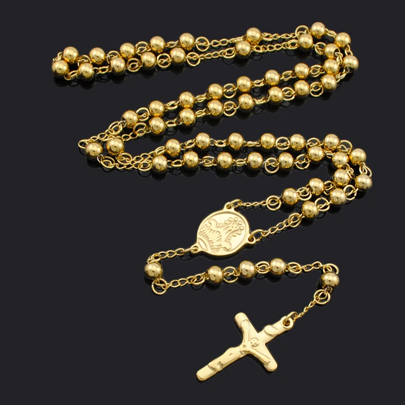 ATGO Men Rosary Jewelry Set Beads Cross Religious Cross Necklace Bracelet Sets 8MM Gold Color BBD034