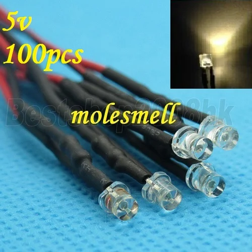 

100pcs Flat Top warm white LED Lamp Light Set Pre-Wired 3mm 5V DC Wired 3mm 5v big/wide angle warm white led